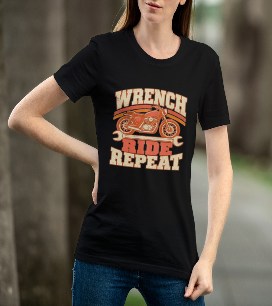 Wrench Ride Repeat Motorcycle Mechanic Distressed T-Shirt