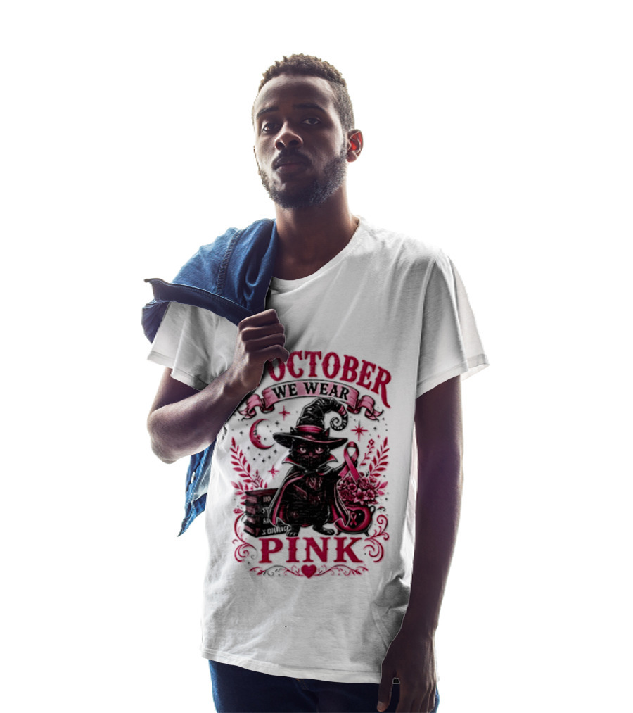 In October We Wear Pink Black Cat Witch Breast Cancer Awareness Month T-Shirt