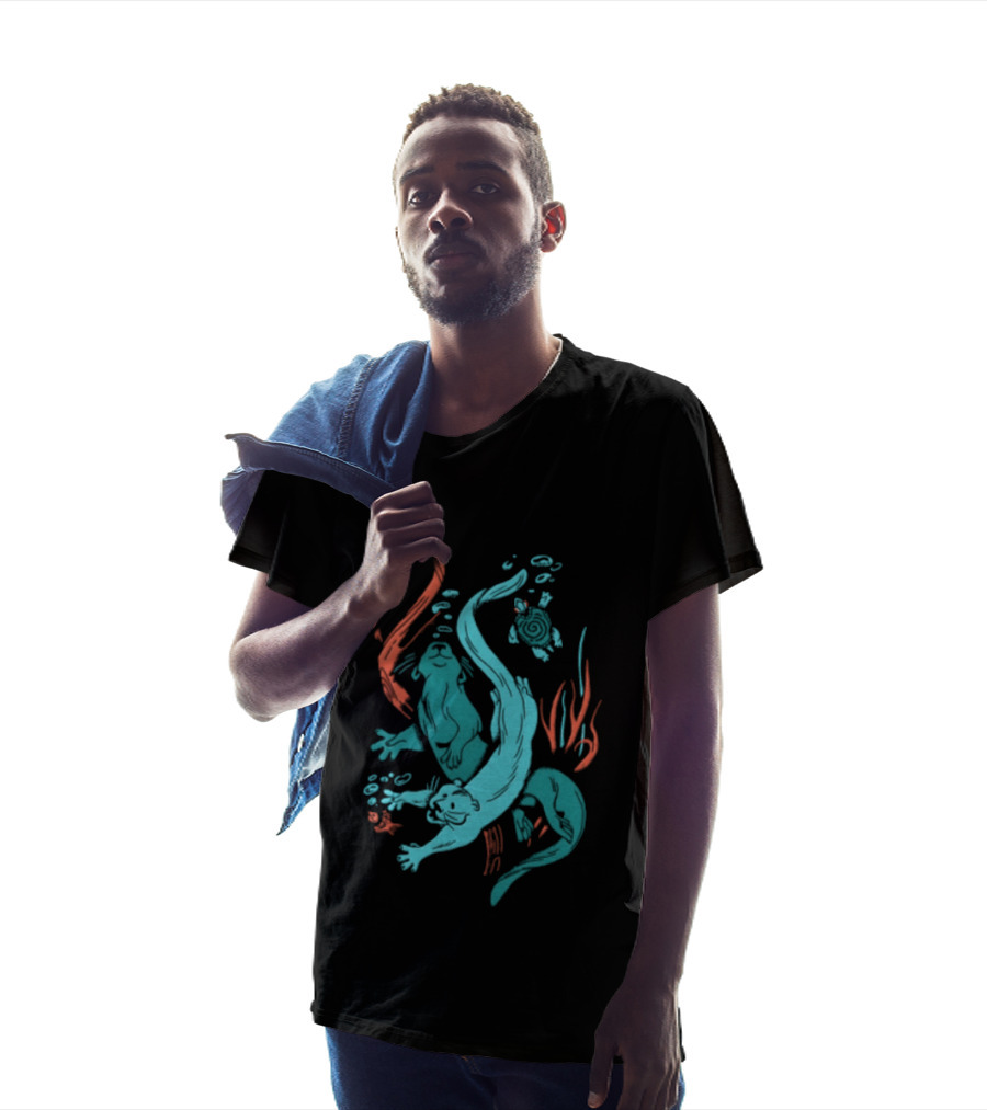 Two Otters Swimming Underwater With Turtle And Seaweed T-Shirt