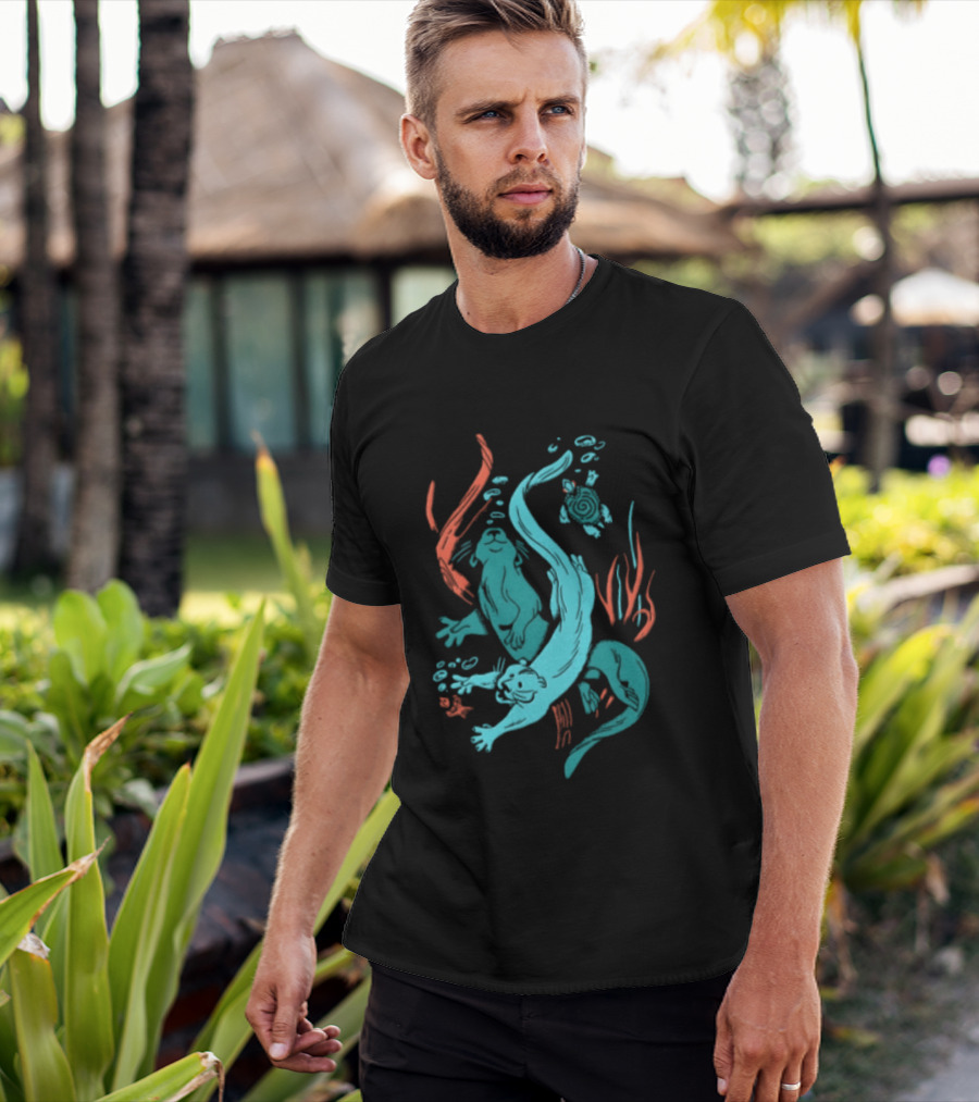 Two Otters Swimming Underwater With Turtle And Seaweed T-Shirt
