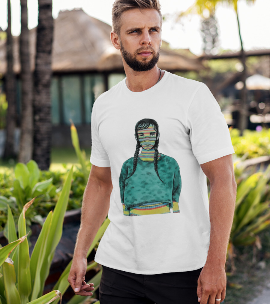 Girl With Braids Colorful Striped Face And Green Sweater T-Shirt