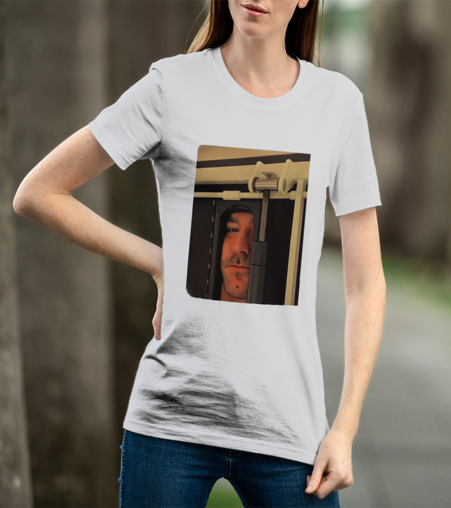 Man Peeking Through Door Face Hidden Observation Doorway T-Shirt