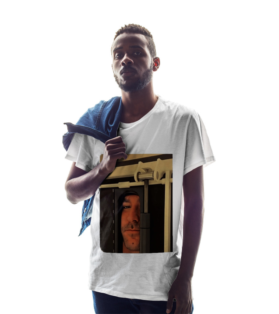 Man Peeking Through Door Face Hidden Observation Doorway T-Shirt