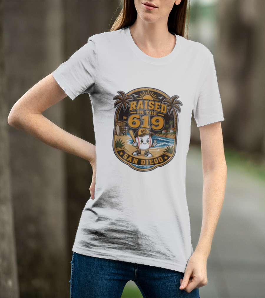 Raised In The 619 Baseball Character San Diego Beach Sunset Palm Trees T-Shirt