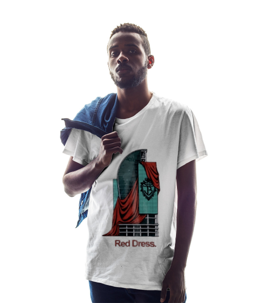 Red Dress Red Drapes Over Modern Skyscraper With Shield T-Shirt