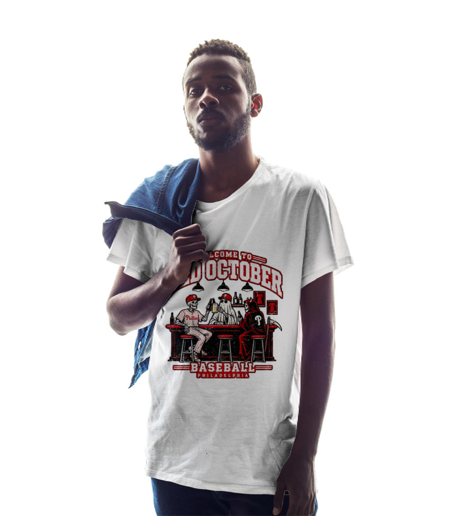 Welcome To Red October Baseball Philadelphia Halloween Skeletons And Ghost At Bar T-Shirt