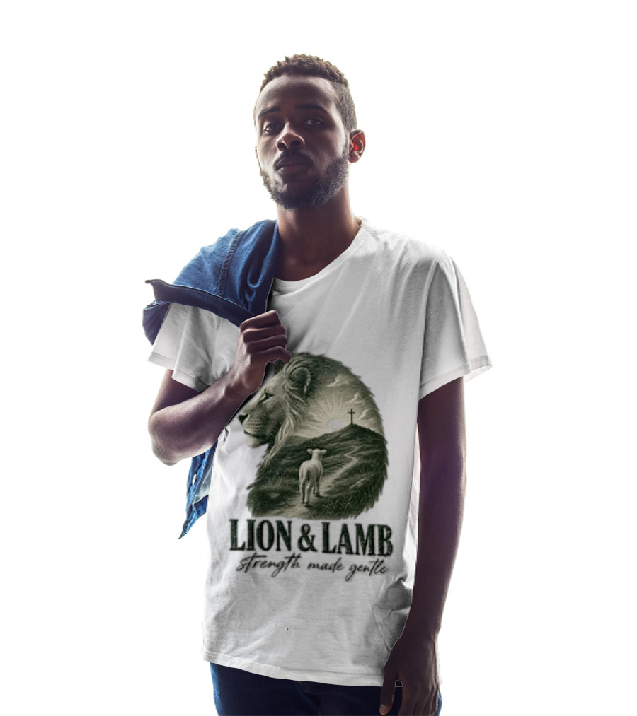 Lion And Lamb Strength Made Gentle Jesus Christ Cross Calvary Christian Faith T-Shirt