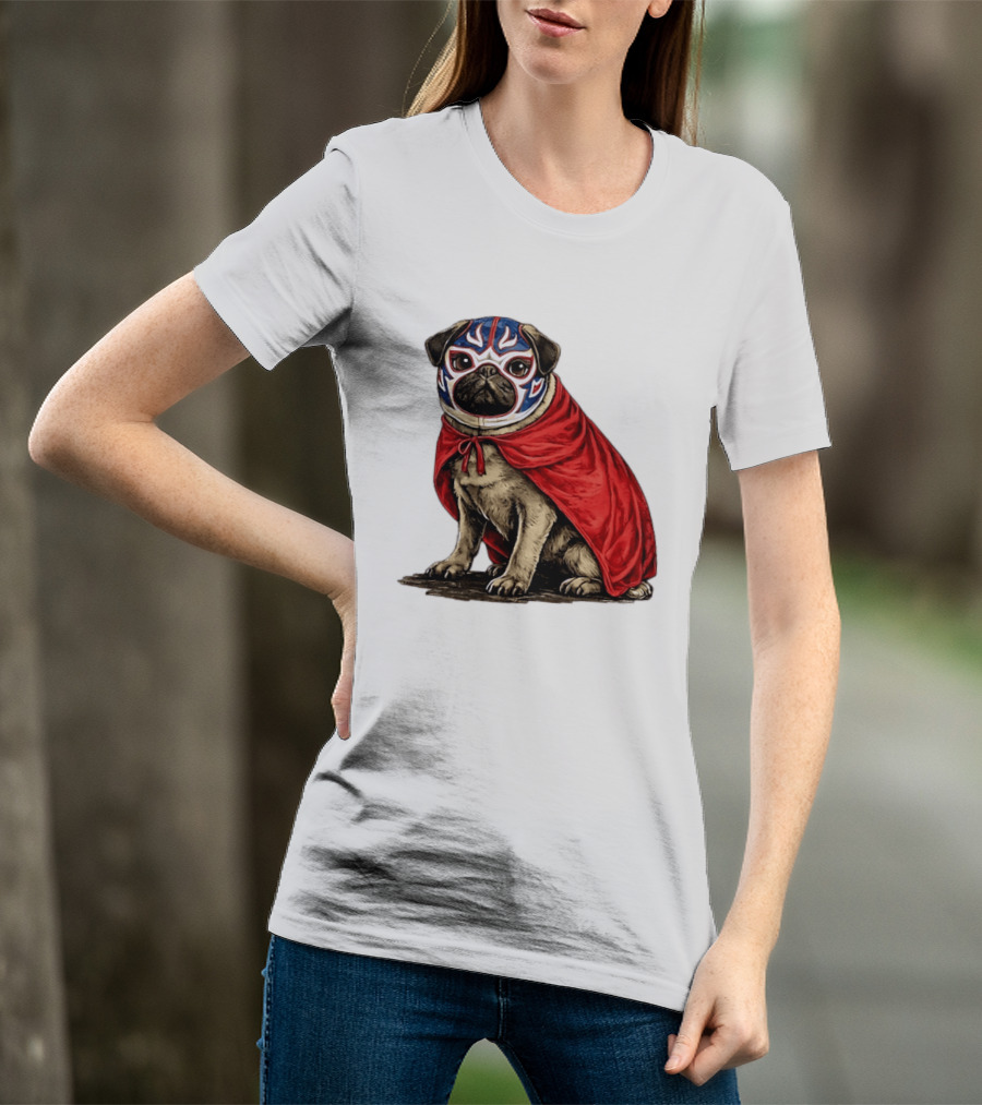 Lucha Libre Pug Red Cape Mexican Wrestling Dog Mask T-Shirt