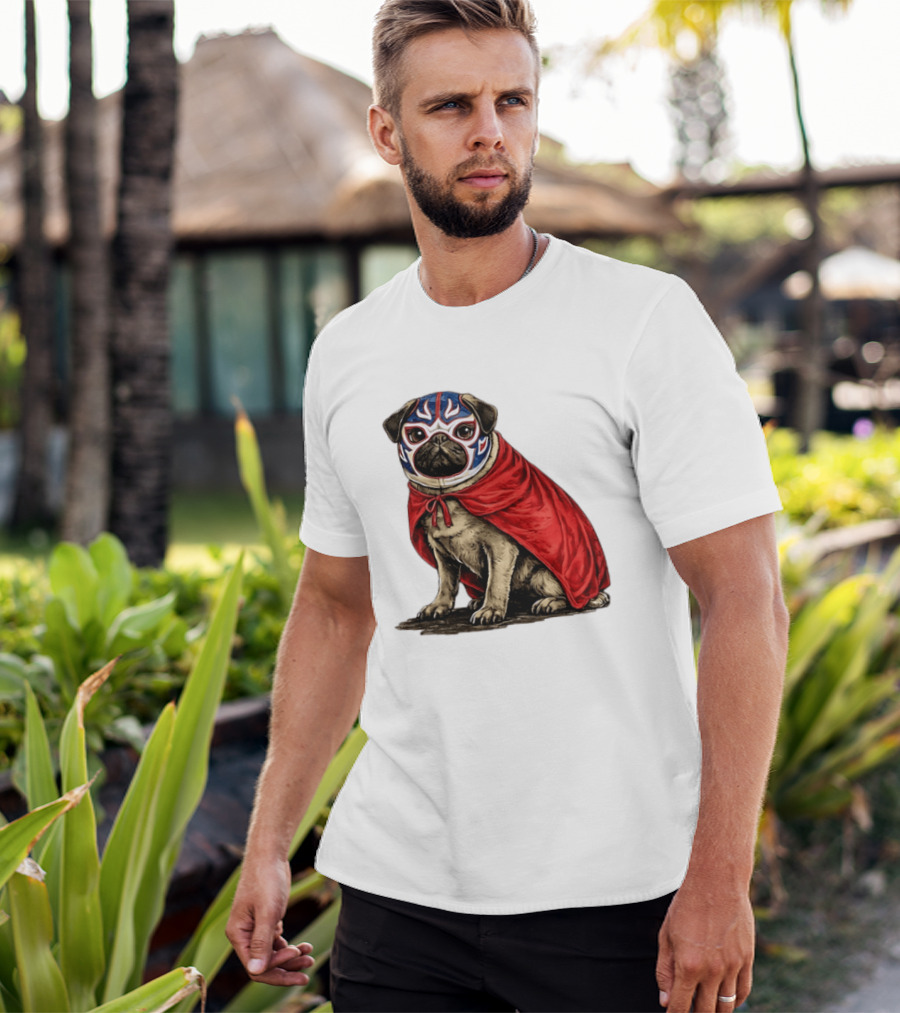 Lucha Libre Pug Red Cape Mexican Wrestling Dog Mask T-Shirt