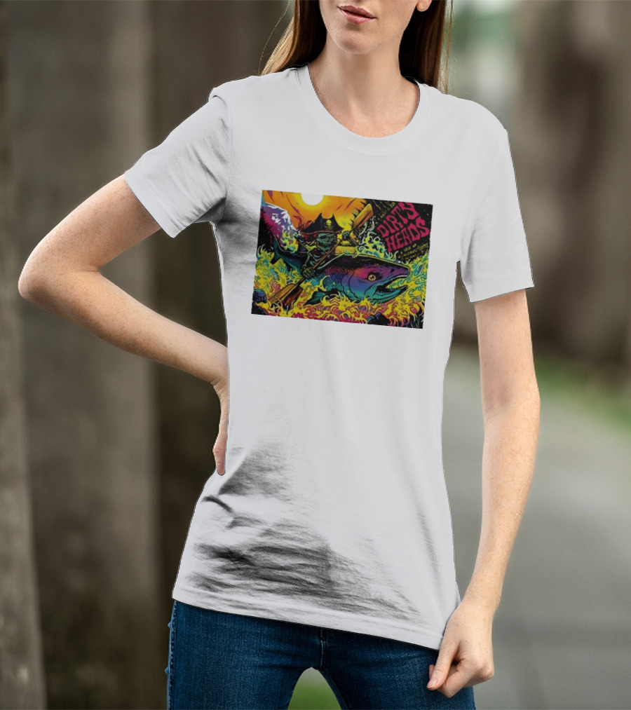 Dirty Heads Pirate Skeleton Kayaking Giant Fish Psychedelic Adventure T-Shirt