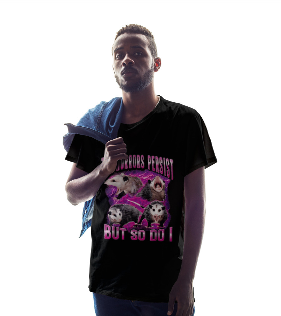 The Horrors Persist But So Do I Three Opossums Electric Pink Lightning T-Shirt