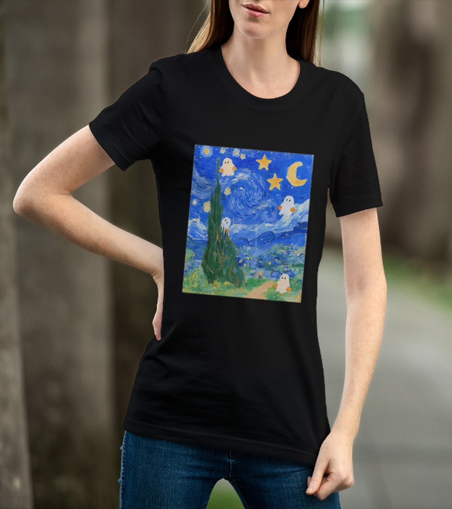 Starry Night Halloween Ghosts Vincent Van Gogh Painting T-Shirt