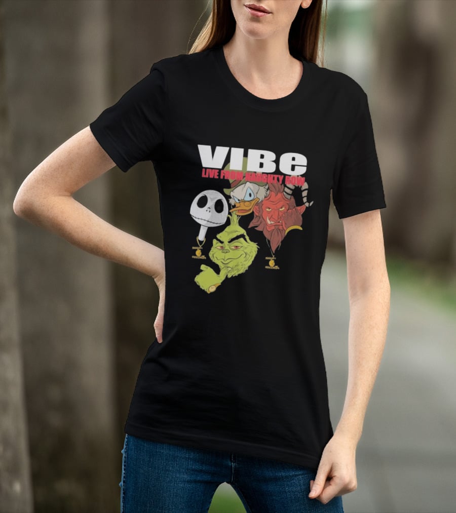 Vibe Live From Naughty Row Grinch Krampus Scrooge Jack Skellington Christmas Naughty Row Records T-Shirt