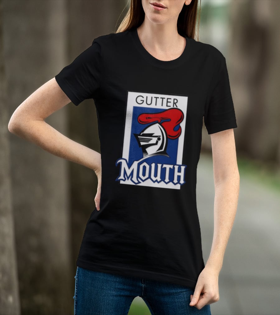 Guttermouth Newcastle Knights Collaboration Rugby League Iconic Helmet Red Blue T-Shirt