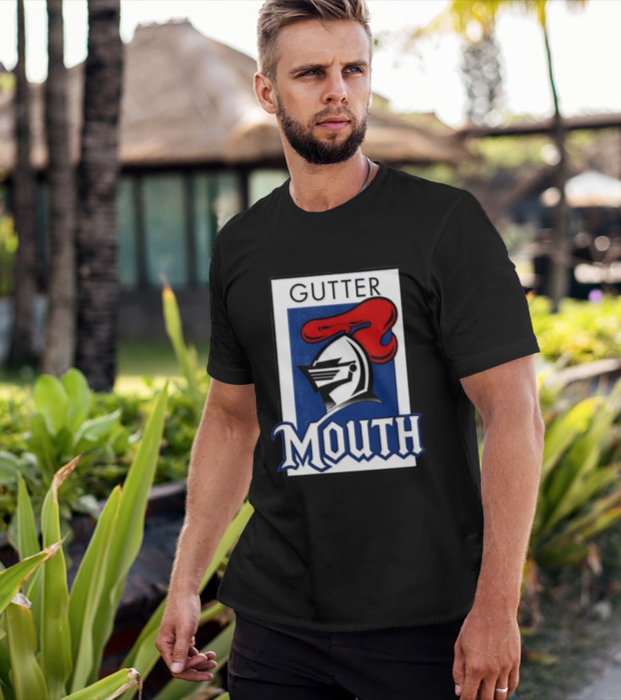 Guttermouth Newcastle Knights Collaboration Rugby League Iconic Helmet Red Blue T-Shirt