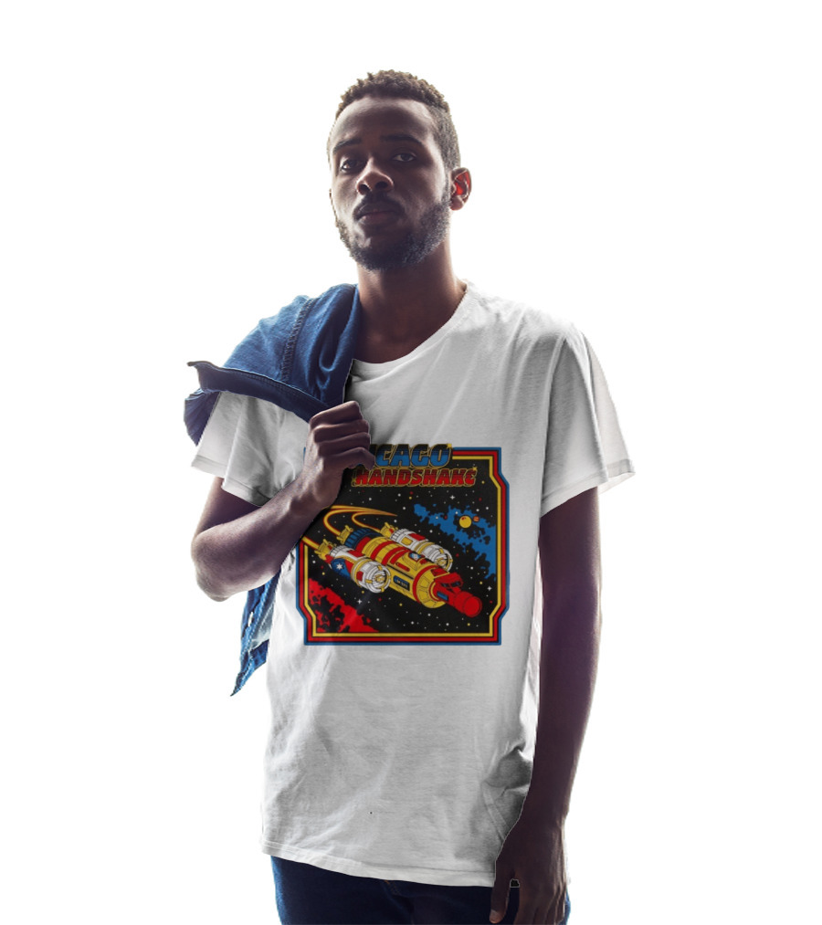 Chicago Handshake Spaceship Malort Old Lager Retro Sci Fi Space Adventure T-Shirt