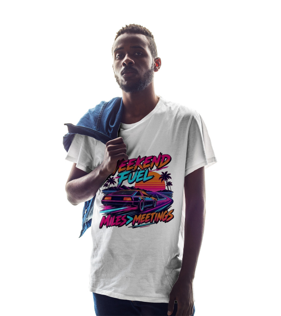 Weekend Fuel Synthwave Sports Car Miles Over Meetings Retro Aesthetic T-Shirt