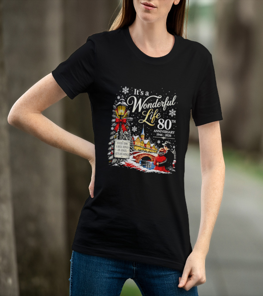 It's A Wonderful Life 80th Anniversary 1946 2026 Christmas Village Scene Snowflakes Lantern T-Shirt