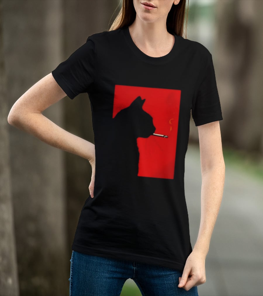 Black Cat Silhouette With Cigarette On Red T-Shirt