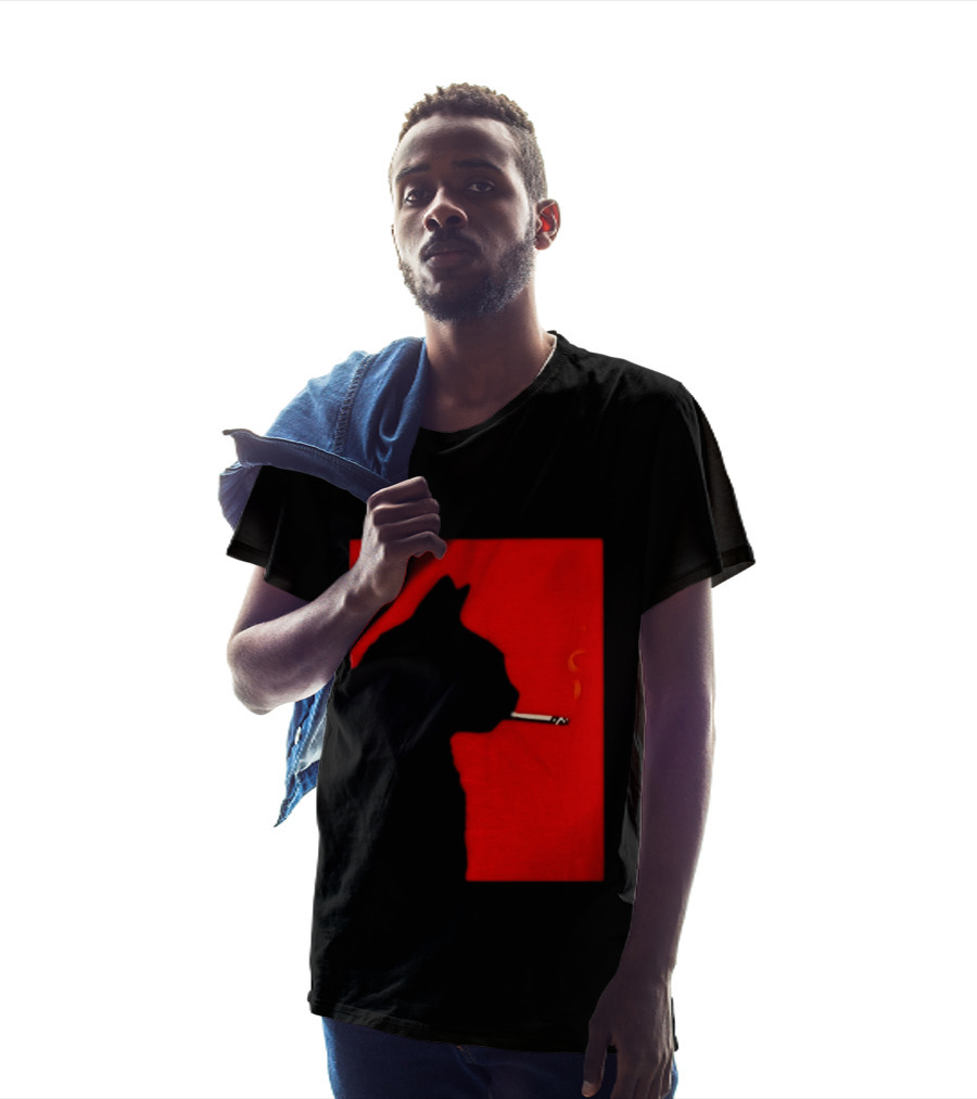 Black Cat Silhouette With Cigarette On Red T-Shirt