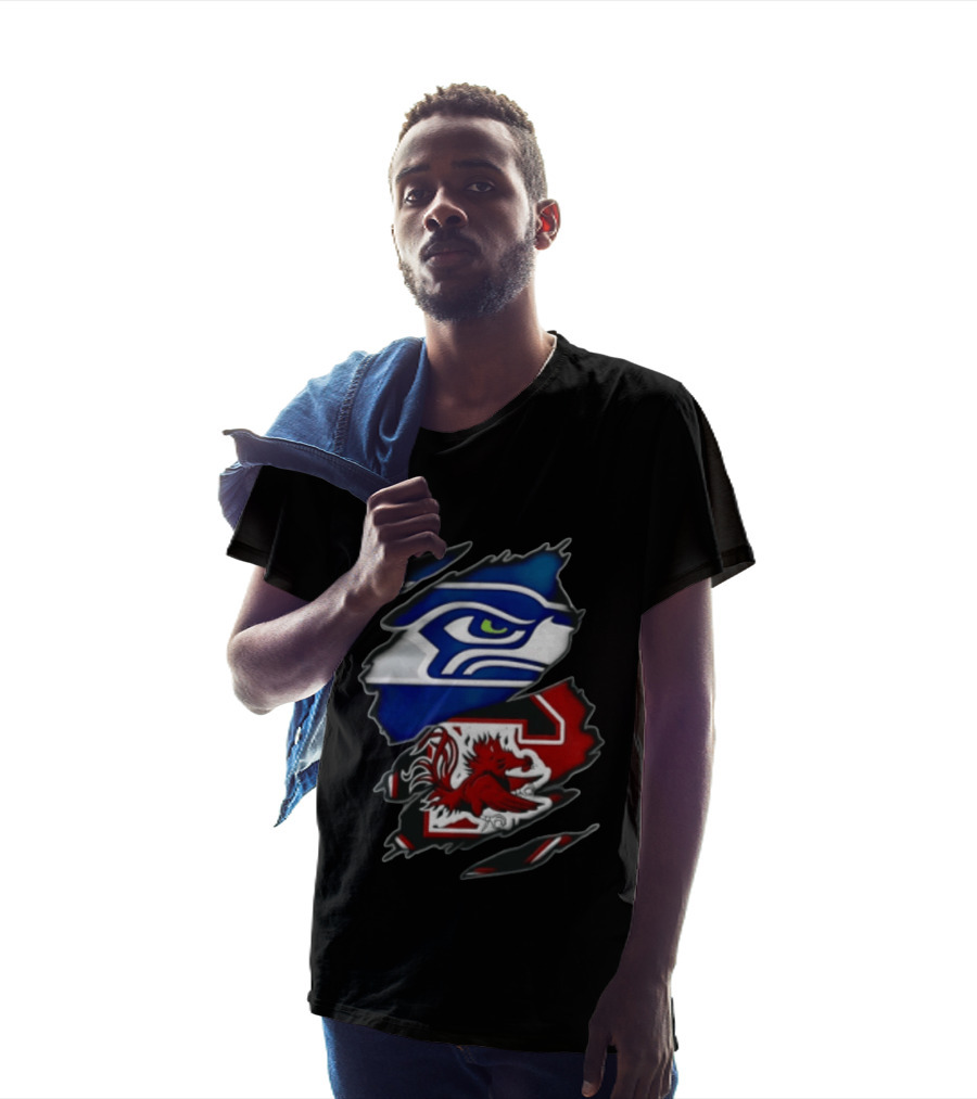 Seattle Seahawks South Carolina Gamecocks Torn Fabric Reveal Team Logos T-Shirt