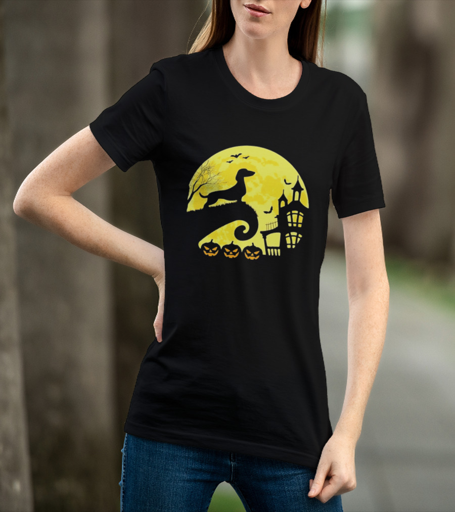 Dachshund Halloween Moon Spooky Night With Pumpkins T-Shirt