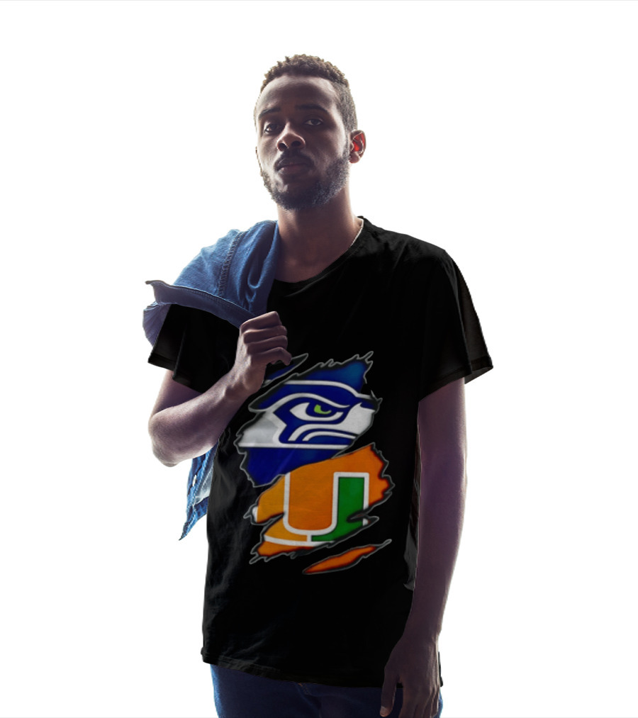Seattle Seahawks Miami Hurricanes Torn Fabric Reveal Team Logos T-Shirt