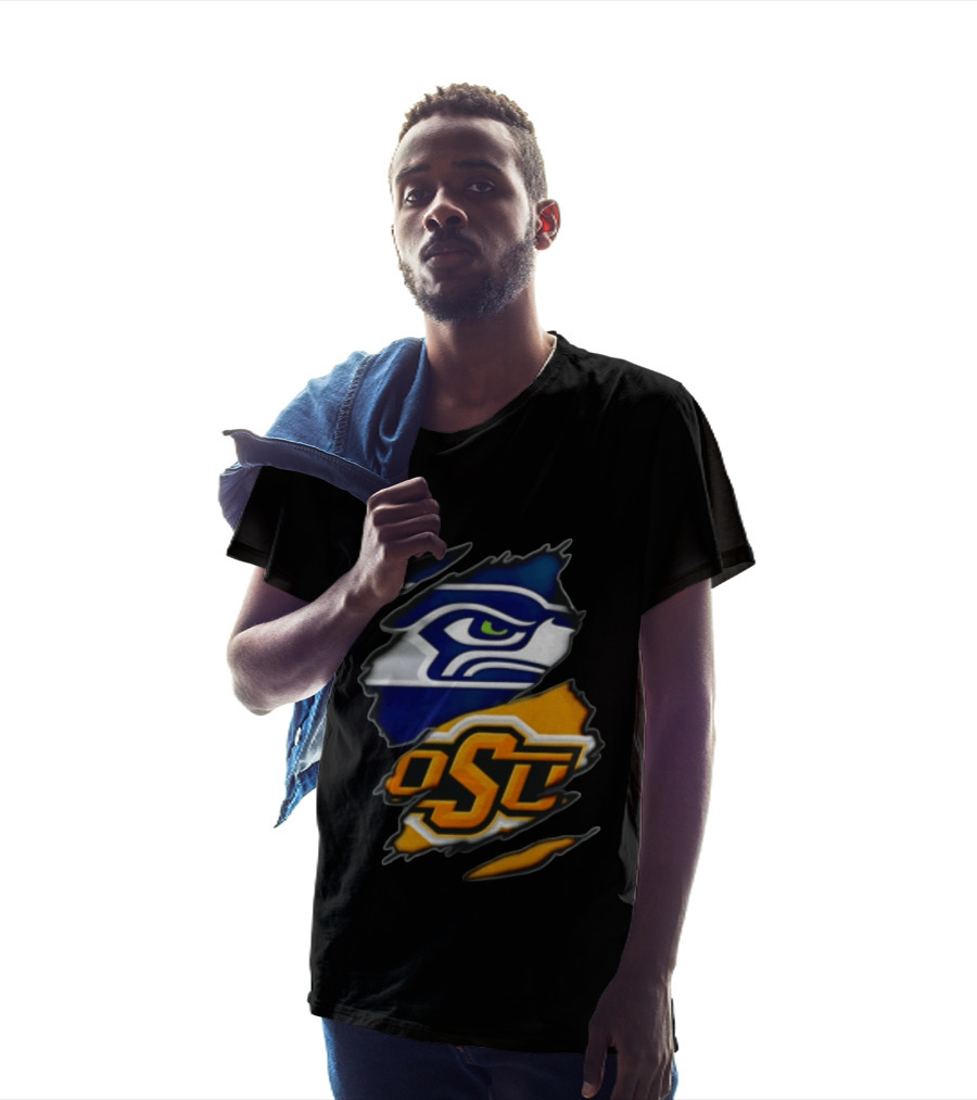Seattle Seahawks Oklahoma State Cowboys Torn Fabric Reveal Sports T-Shirt