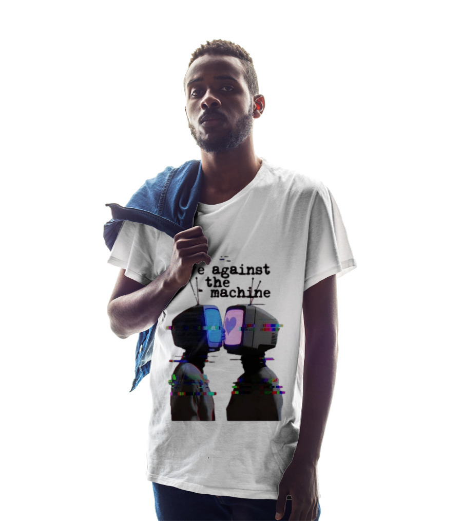 Love Against The Machine Two Television Heads Kissing Glitch Heart T-Shirt