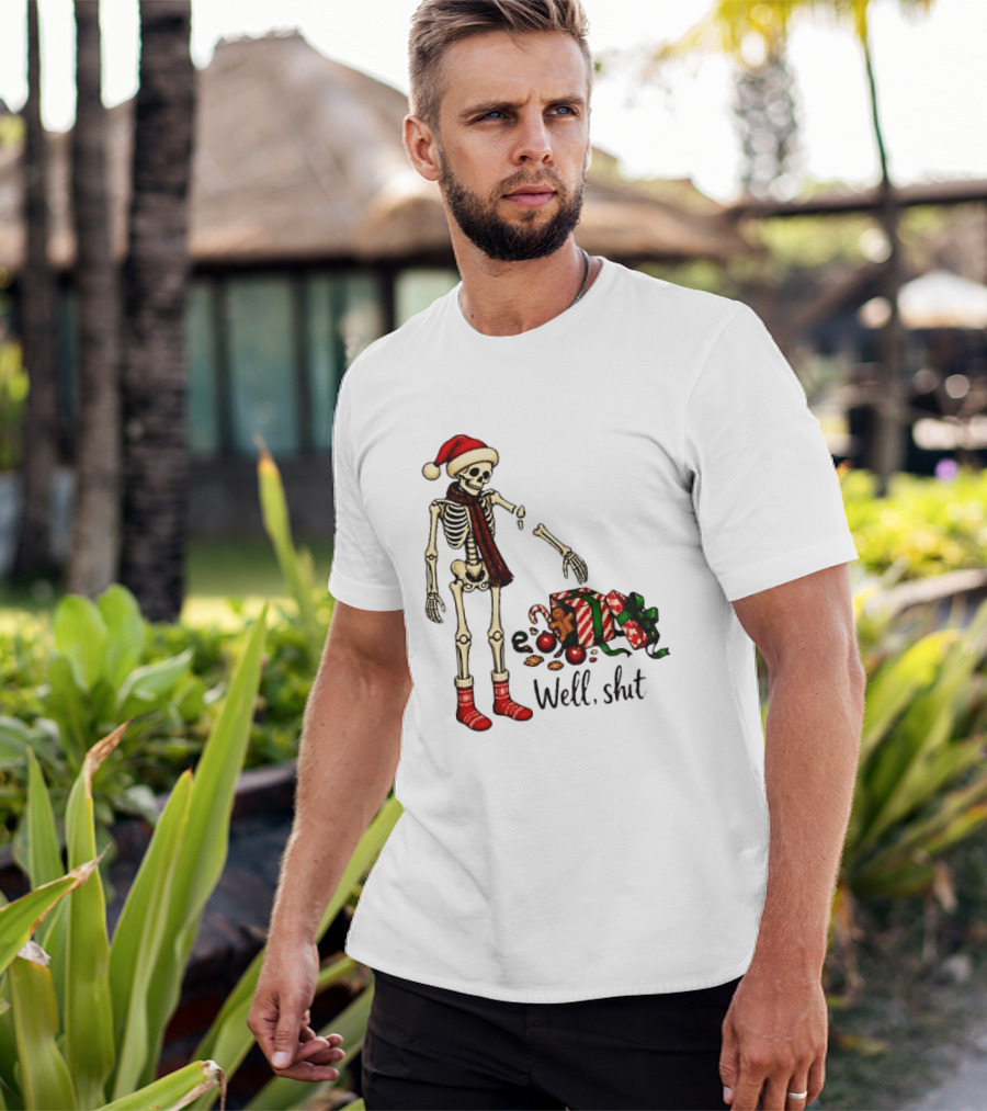 Well Shit Christmas Skeleton Gingerbread Man Santa Hat T-Shirt