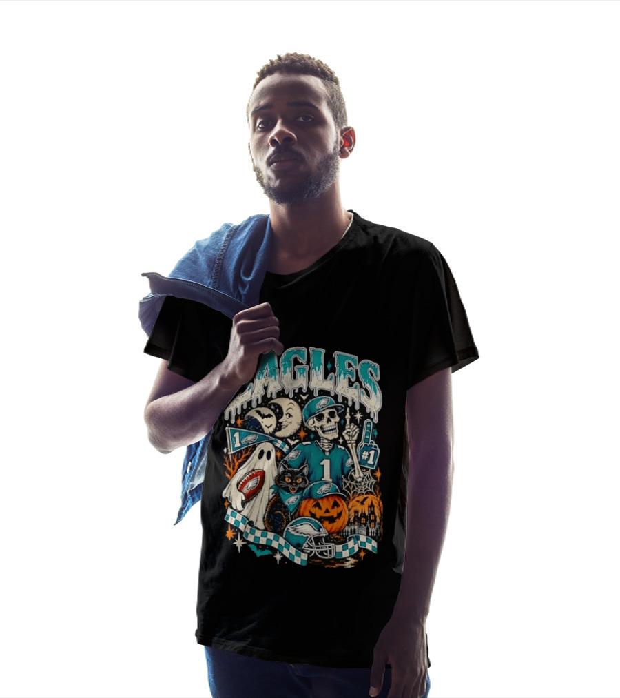 Eagles Jalen Hurts Halloween Skeleton Ghost Black Cat Pumpkin T-Shirt