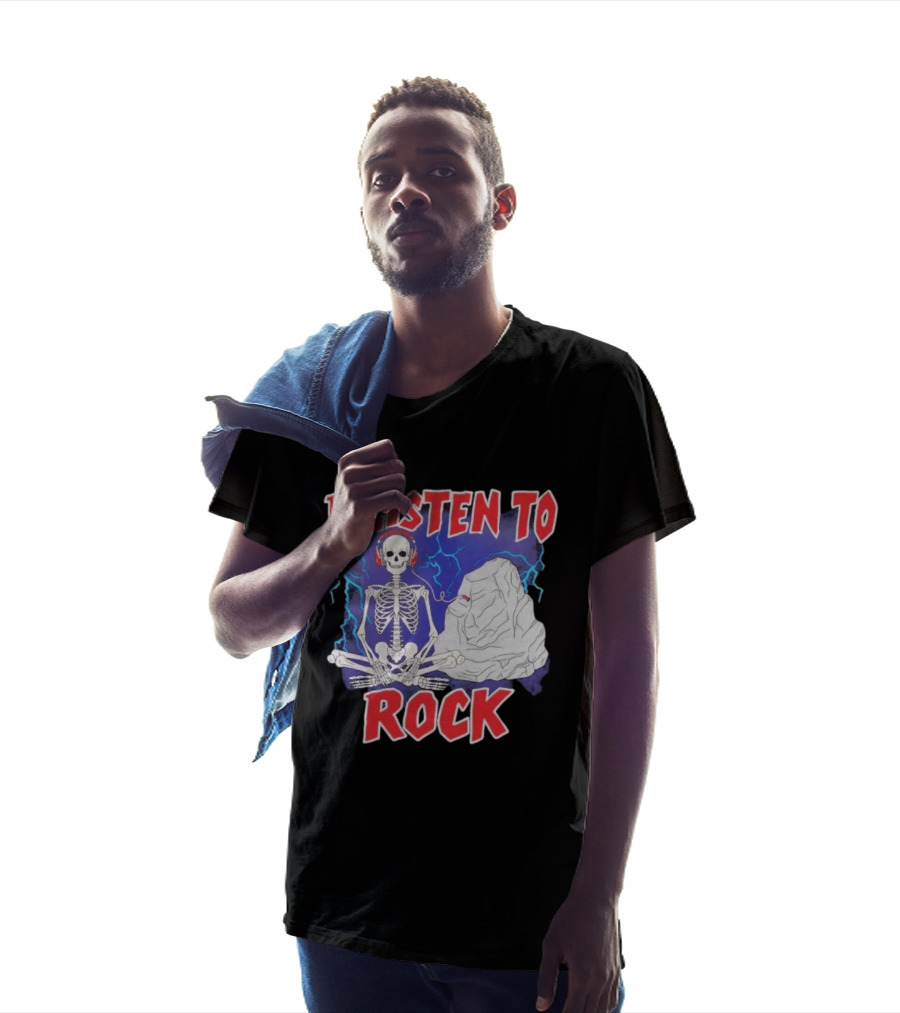 I Listen To Rock Skeleton Headphones Music T-Shirt