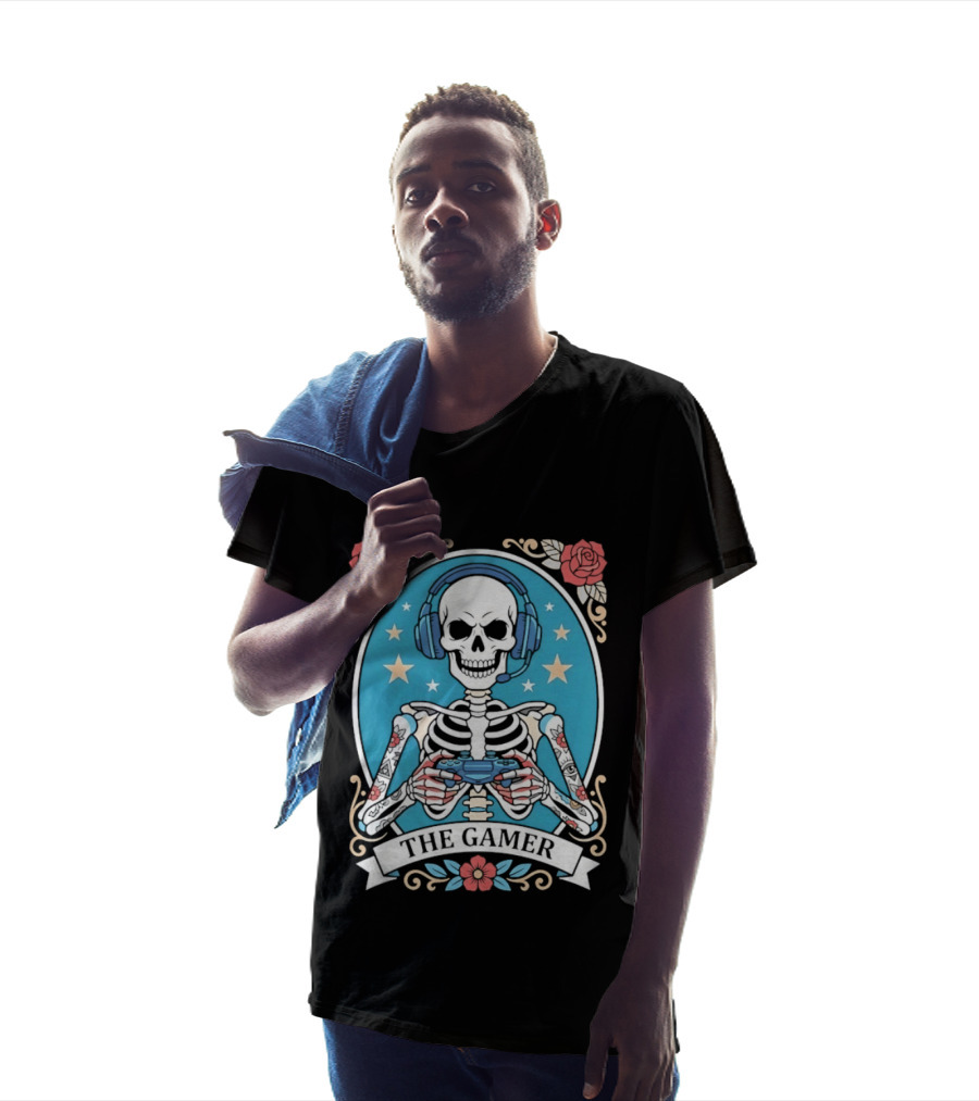 The Gamer Skeleton Headphones Controller Stars Roses T-Shirt