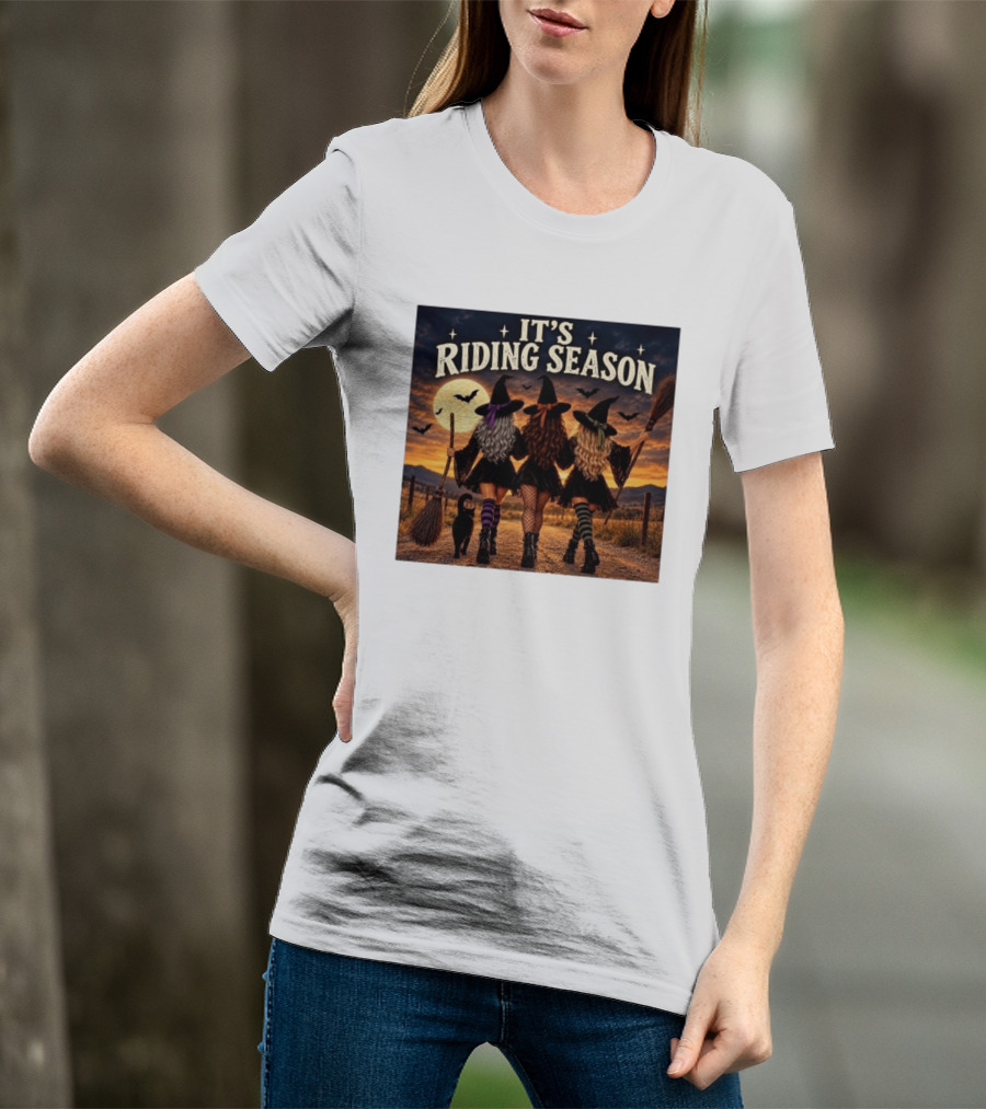 Halloween Witches With Brooms Under Full Moon And Black Cats T-Shirt