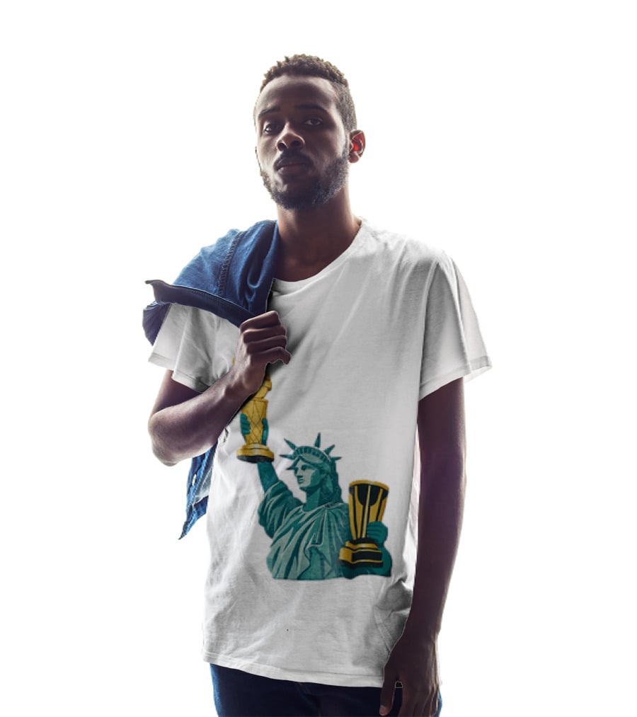 Lady Liberty Holding Dual Championship Trophies Soccer And Basketball T-Shirt