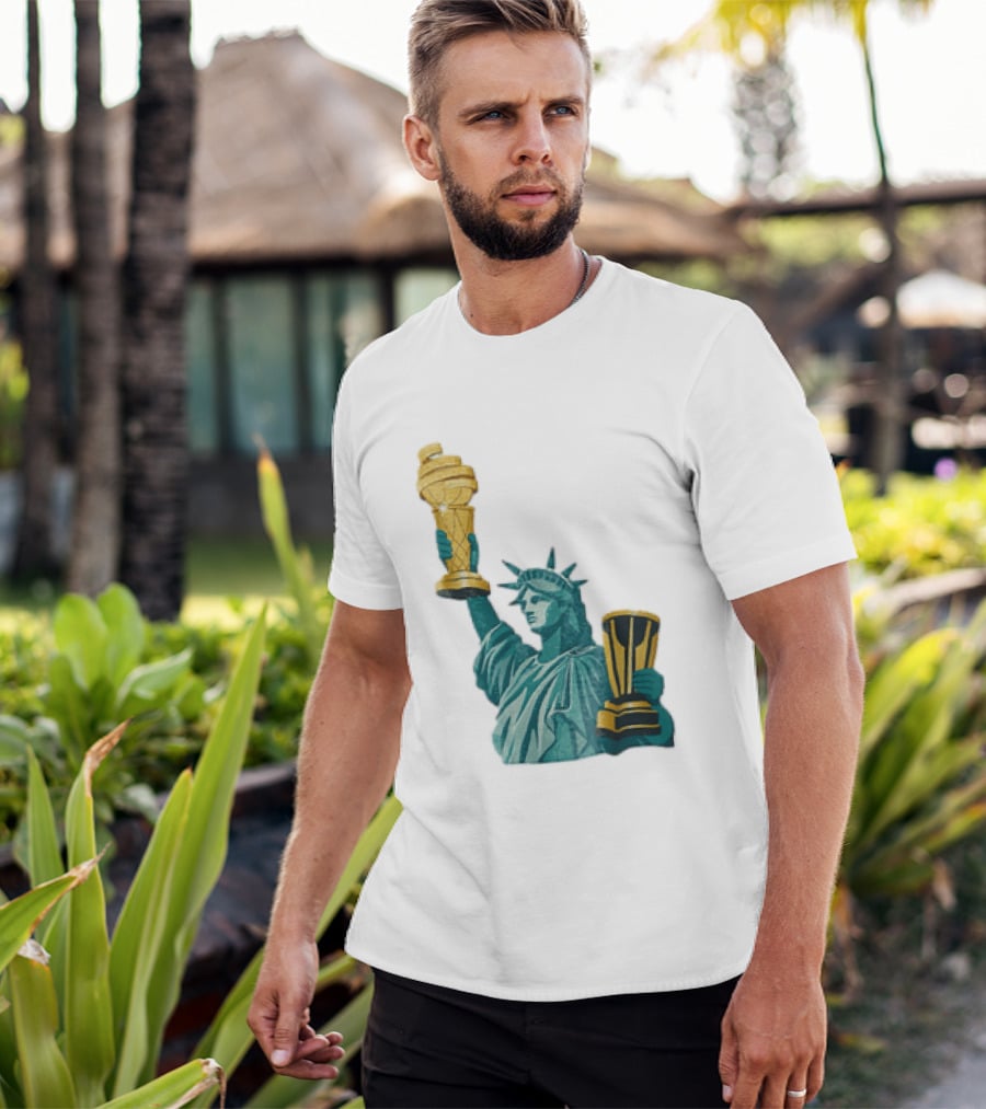 Lady Liberty Holding Dual Championship Trophies Soccer And Basketball T-Shirt
