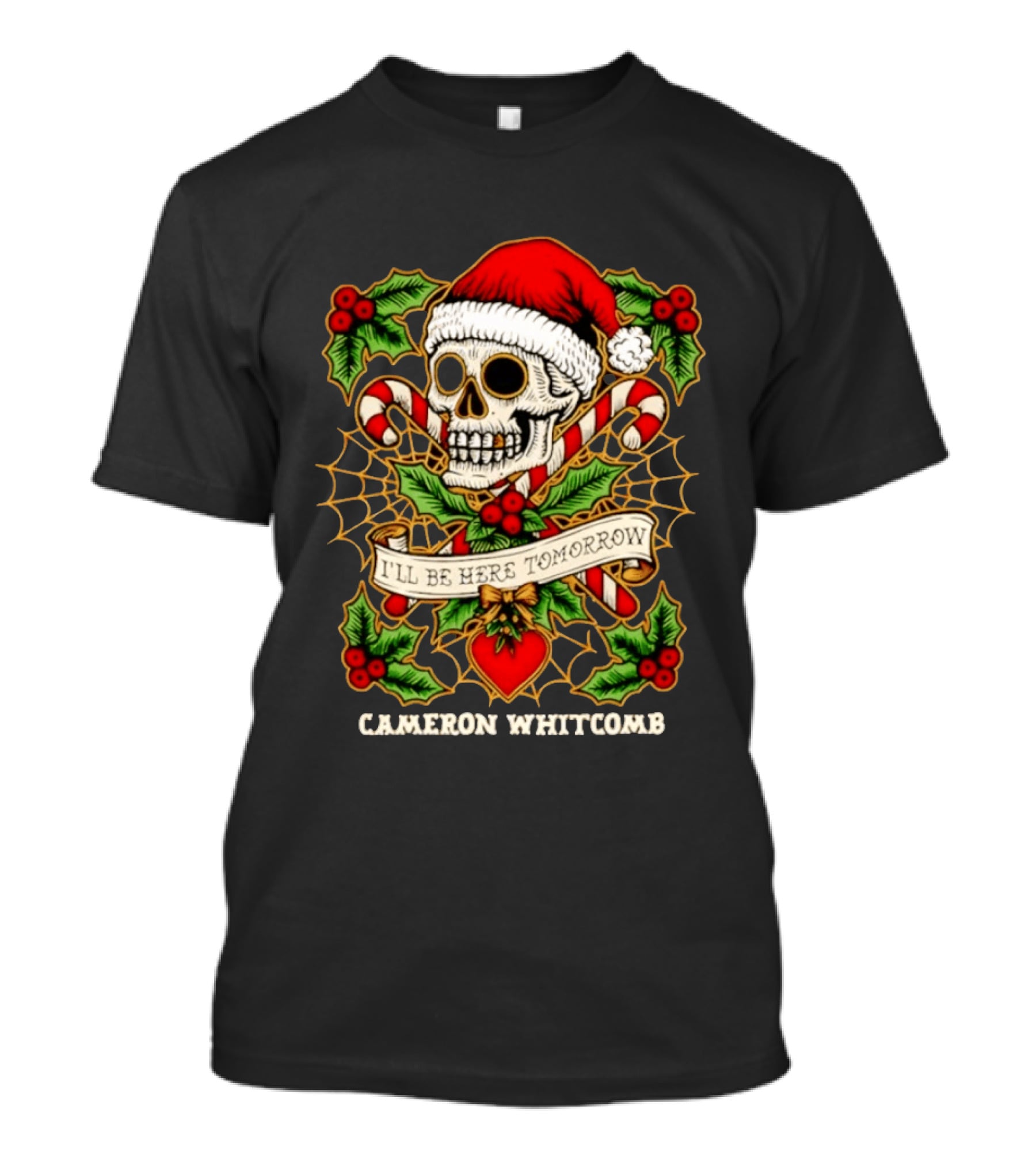 Cameron Whitcomb I'll Be Here Tomorrow Christmas Skull Santa Hat Candy Canes T-Shirt