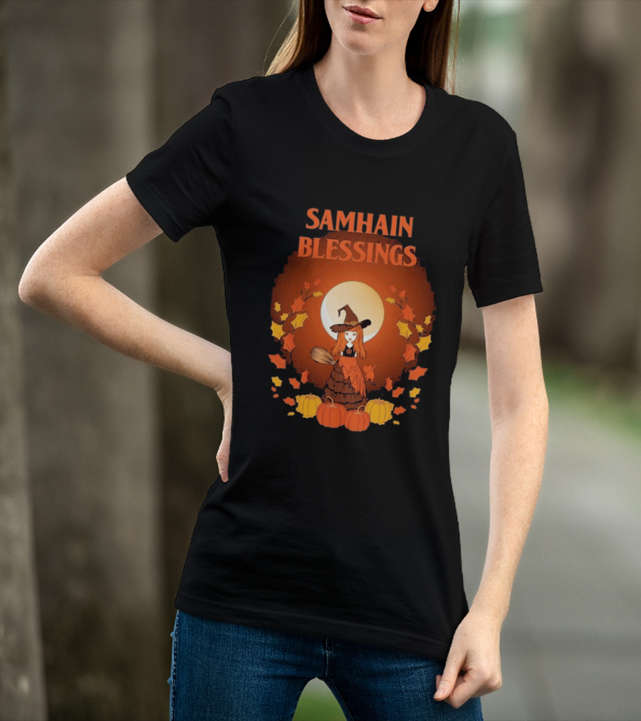 Samhain Blessings Little Witch And Pumpkin Magic Halloween T-Shirt