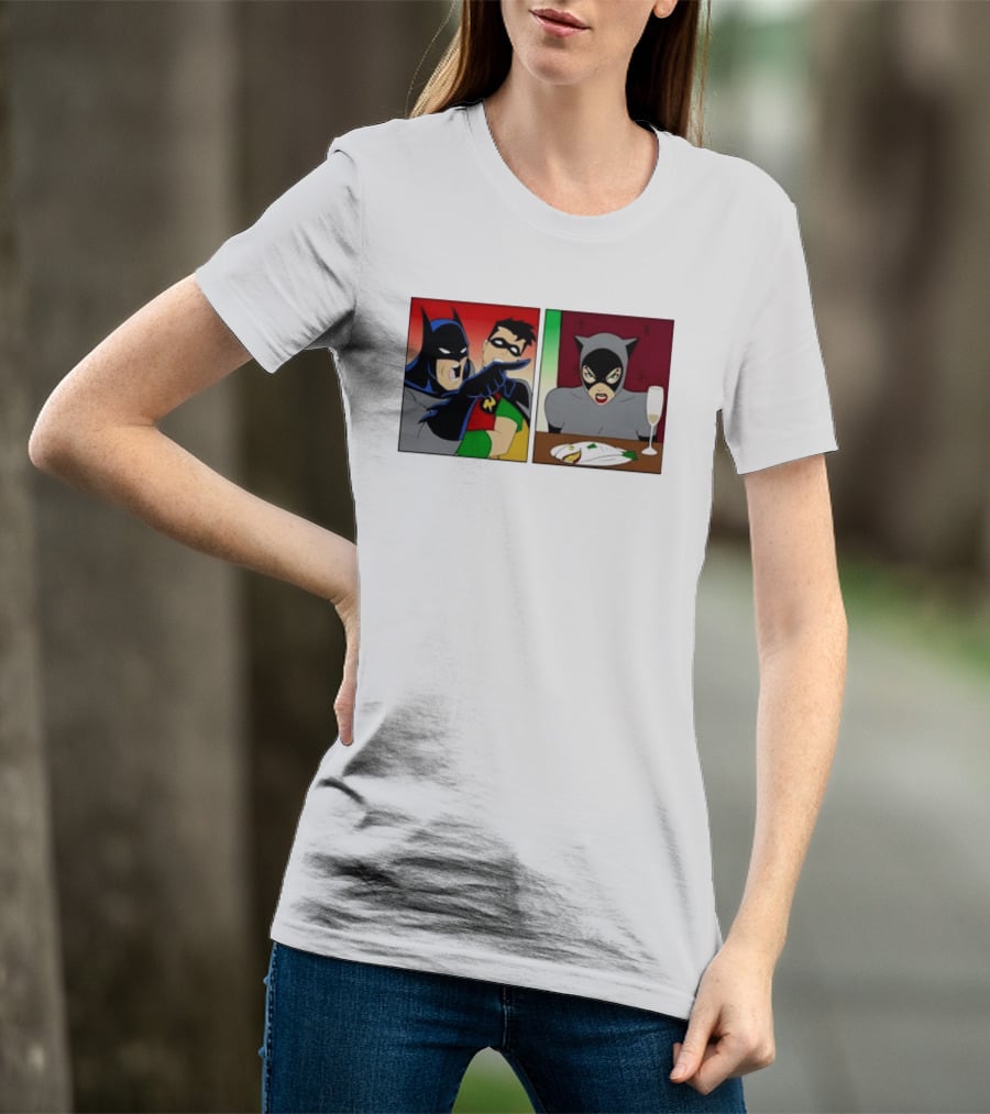 Batman Robin Yelling At Catwoman Meme Panel With Fish Plate And Wine Glass T-Shirt