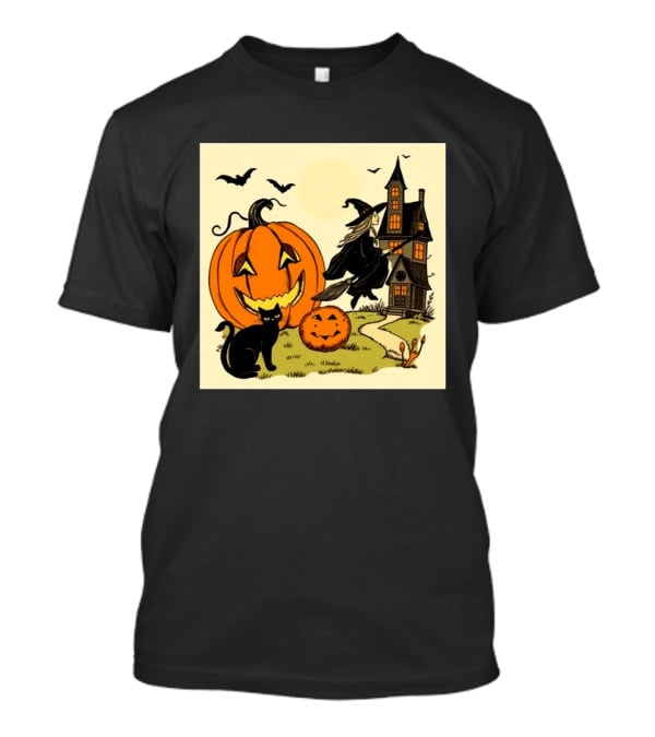 Spooktacular Halloween Black Cat Witch Pumpkin Haunted House T-Shirt