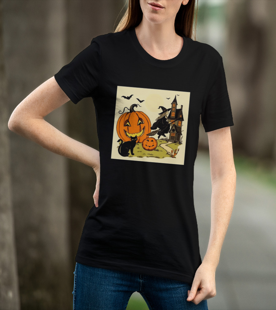 Spooktacular Halloween Black Cat Witch Pumpkin Haunted House T-Shirt