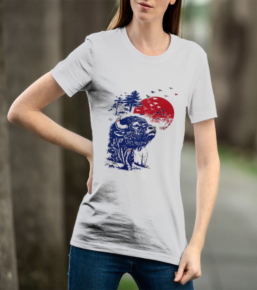 Buffalo Bills 17 Bison Sunset With Trees And Red Sun T-Shirt