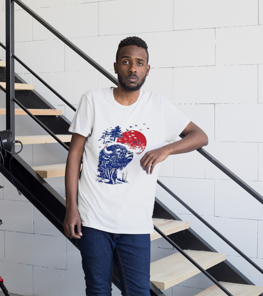 Buffalo Bills 17 Bison Sunset With Trees And Red Sun T-Shirt