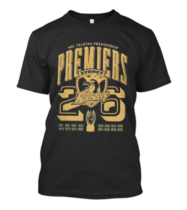 NRL Telstra Premiership Premiers Sydney Roosters 26 Champions History Roosters Gold T-Shirt