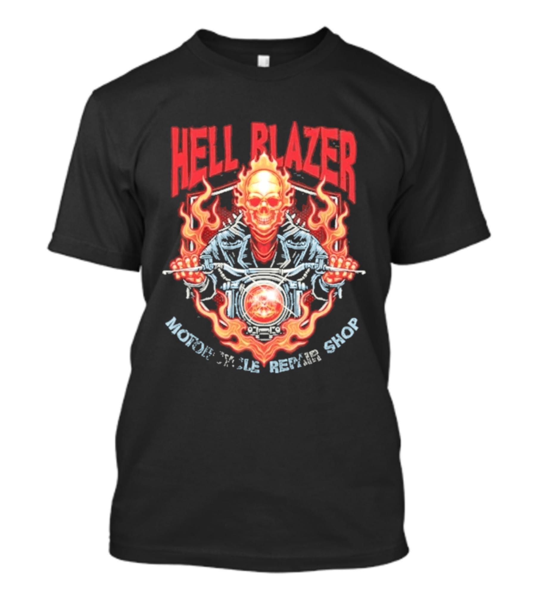 Hell Blazer Motorcycle Repair Shop Fiery Skull And Flames T-Shirt