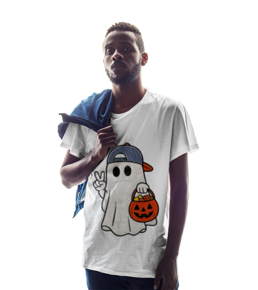 Ghost In Cap With Peace Sign Holding Pumpkin Bucket Halloween T-Shirt