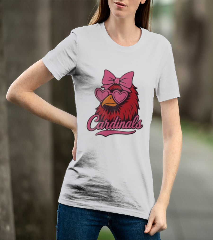 St Louis Cardinals Red Bird Pink Bow Heart Glasses T-Shirt