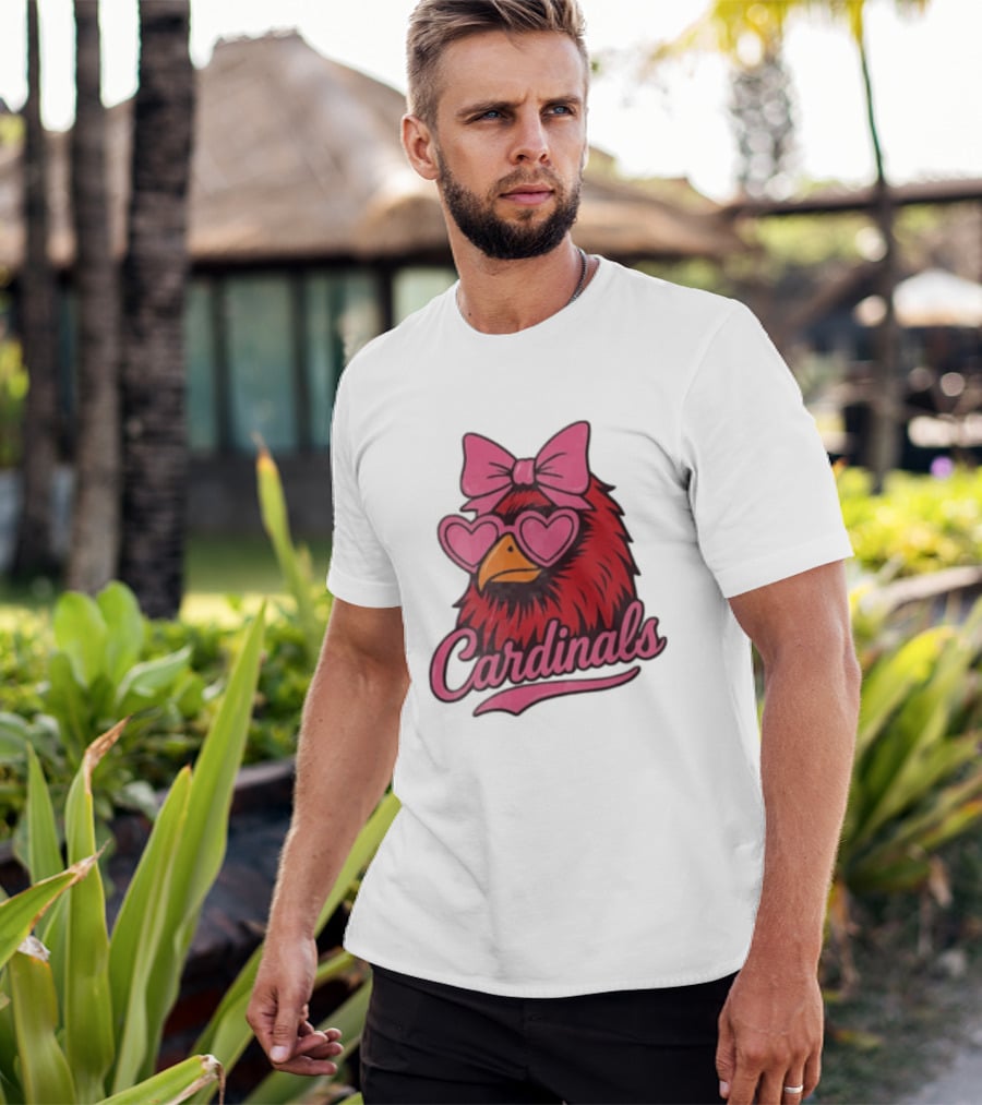 St Louis Cardinals Red Bird Pink Bow Heart Glasses T-Shirt