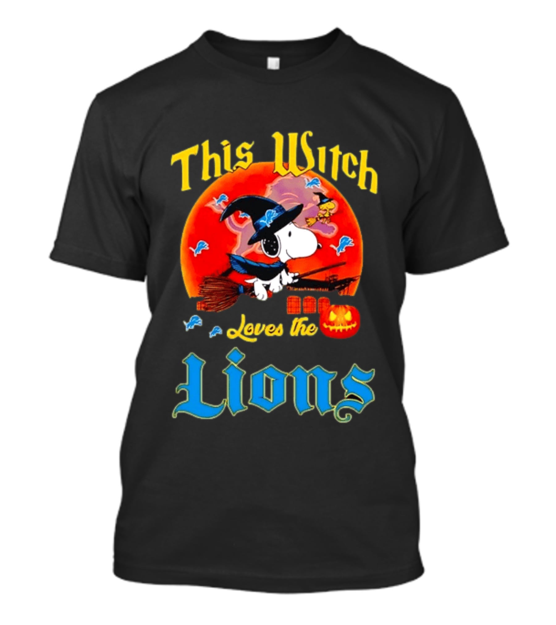 Snoopy This Witch Loves The Lions Halloween Pumpkin Broom Peanuts T-Shirt