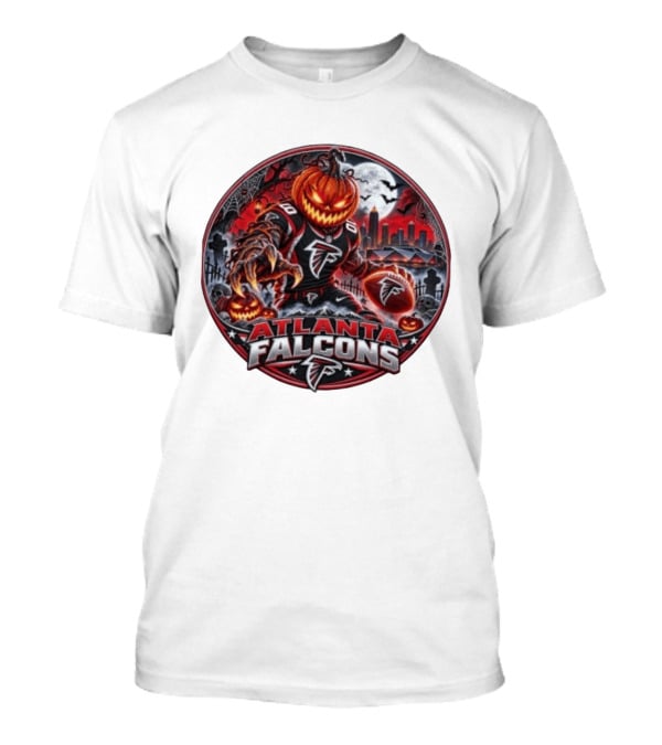Atlanta Falcons Halloween Jack O' Lantern Football Player With City Skyline And Bats T-Shirt